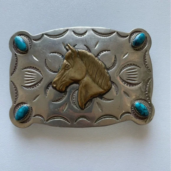 Silver Belt Buckle with Horse Design and Turquoise Accents - Picture 1 of 6